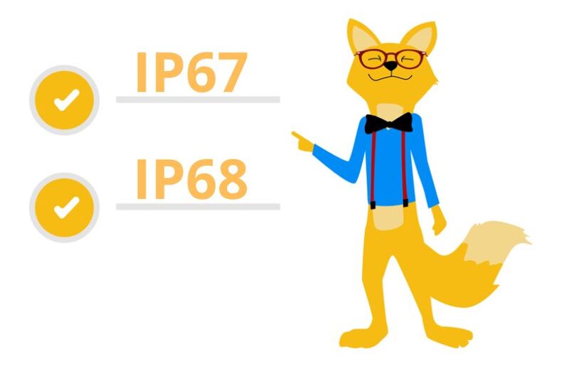Man sieht den Smarthome-Fuchs, wie er sich die Standards IP67 und IP68 ansieht.